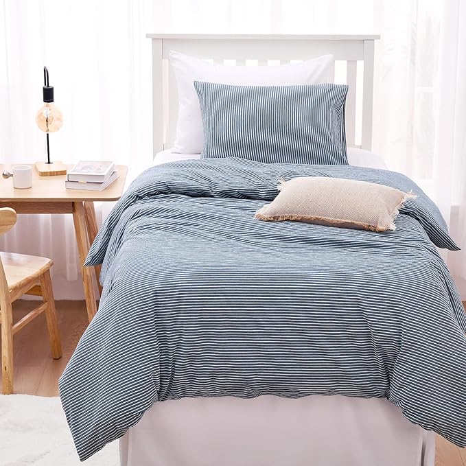Wake In Cloud - Striped Cotton Duvet Cover Set, 100% Washed Cotton Textured Percale Bedding Set, Ticking Stripe Pinstripe Farmhouse, 3 Pieces, Denim Blue, Twin Size