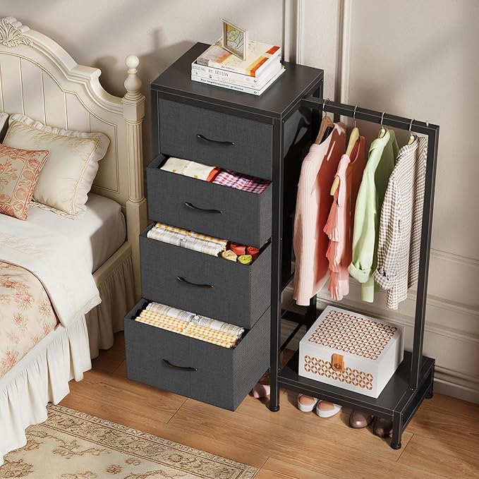 HIGDBFE Dresser with Hanging Rack, 4 Drawers Small Closet for Bedroom, Reversible Fabric Kids Chest of Drawers with Clothes Rack, Tall Storage Tower, Sturdy Frame, Grey, 44''H