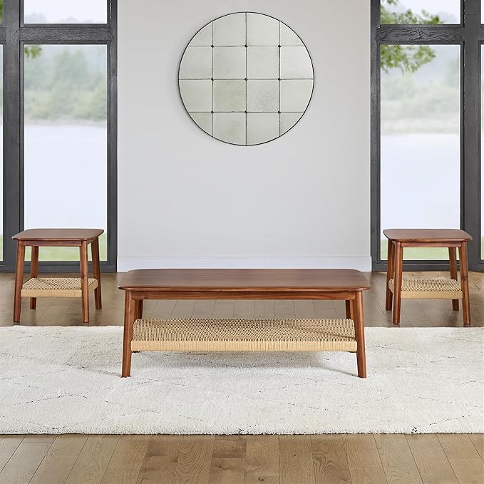Alaterre Furniture Calais 3-Piece Solid Wood Coffee Table Set with 2 Side Tables – Mid Century Modern Living Room Tables with Woven Storage Shelves (Chestnut)
