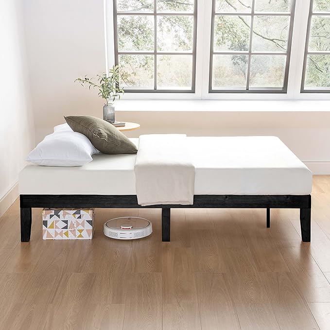 Mellow Naturalista Classic 12 Inch Solid Wood Platform Bed with Wooden Slats, Cal King, Black