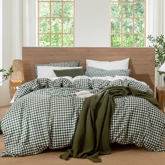 MooMee Gingham Duvet Cover Set 100% Washed Cotton Linen Like Textured Breathable Durable Soft Comfy Modern Checkered Design (Forest Green Gingham, Full 80"x90")