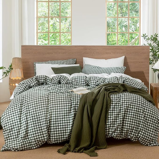 MooMee Gingham Duvet Cover Set 100% Washed Cotton Linen Like Textured Breathable Durable Soft Comfy Modern Checkered Design (Forest Green Gingham, King 104"x90")