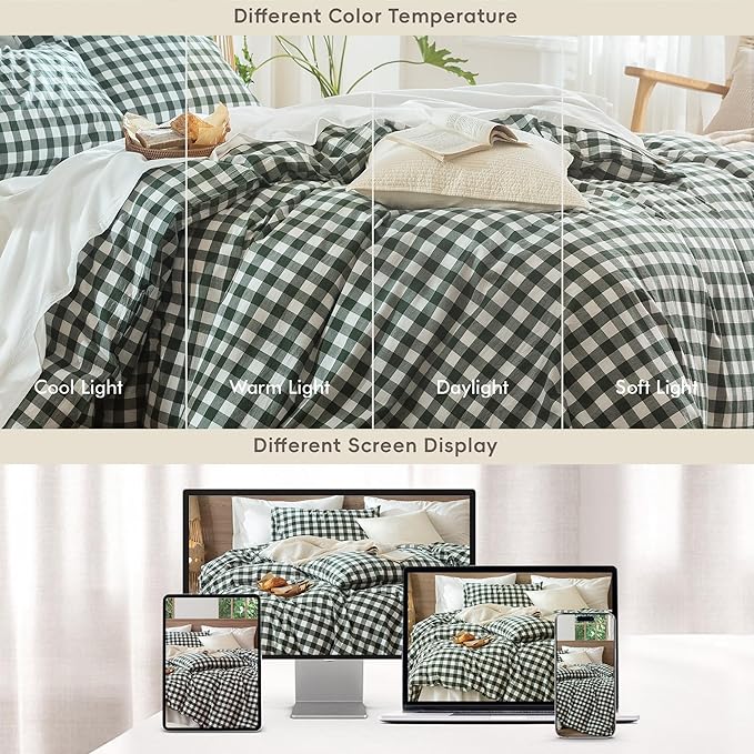MooMee Gingham Duvet Cover Set 100% Washed Cotton Linen Like Textured Breathable Durable Soft Comfy Modern Checkered Design (Buffalo Plaid Forest Green, Queen 90"x90")