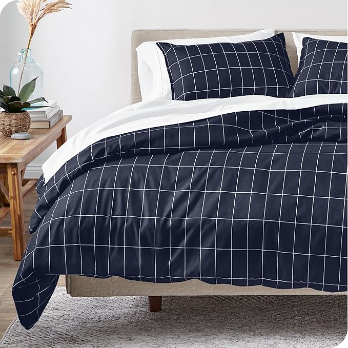 Bare Home Bedding Duvet Cover Extra Long Size - Premium 1800 Super Soft Collection - Lightweight - Soft Textured Bedding (Twin/Twin XL, Grid - Midnight Blue/White)