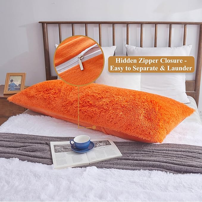 XeGe Shaggy Faux Fur Body Pillow Cover, Fluffy Long Bed Pillow Case with Zipper Closure, Soft Decorative Plush Furry Body Pillowcase, Fuzzy Hug Pillow for Kids Children Girls Women 20"x54", Orange