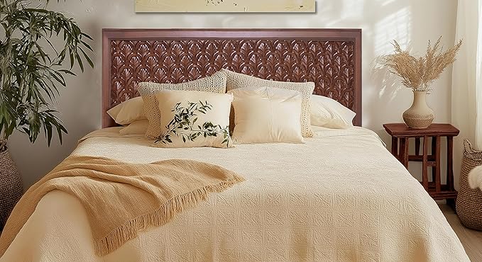 COTTON CRAFT Solid Wood Sturdy Queen Headboard - Compatible with All Bed Frames - Intricate Hand Carved - Bohemian Transitional - Beautiful for Any Bedroom - Taj - Antique Brown