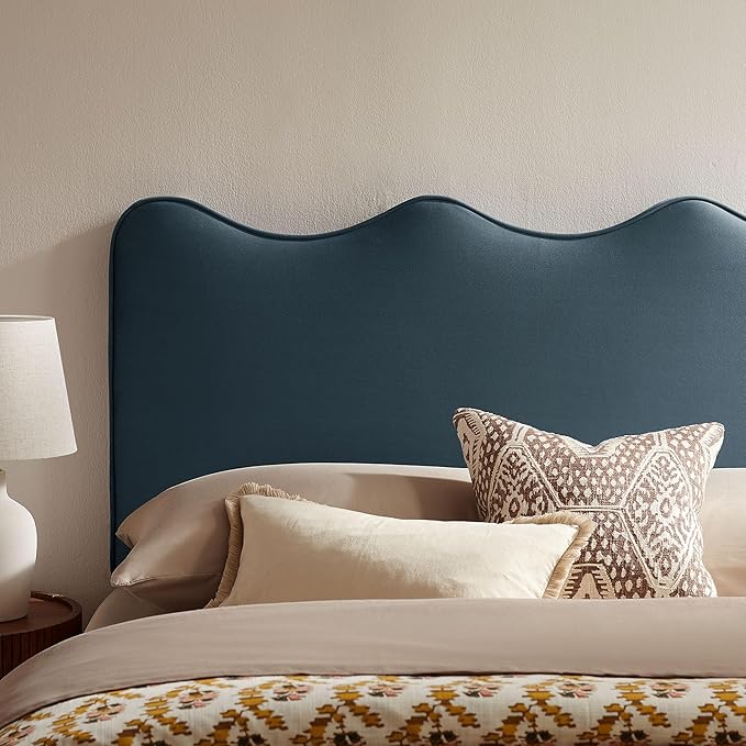 Monday Athena King Size Performance Velvet Adjustable Headboard in Cadet Blue - with Scalloped Wave Design and Stain-Resistant Velvet Upholstery