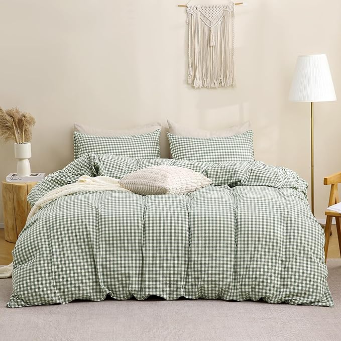 TOCOMOA Green Gingham Duvet Cover Bedding Set 100% Washed Cotton Like Linen Feel Super Soft Comfortable 3 Piece Plaid Checkered Comforter Cover Set (California King 104"x98", Comforter Not Included)