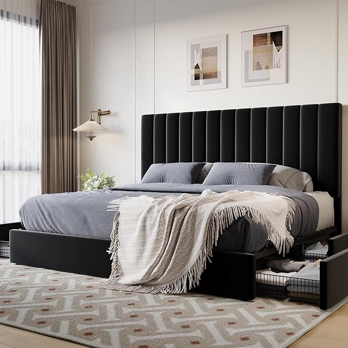 SHA CERLIN King Size Platform Bed Frame with 4 Storage Drawers, Vertical Channel Tufted Adjustable Headboard, Velvet Upholstered, Wooden Slats Support, No Box Spring Needed, Easy Assembly, Black