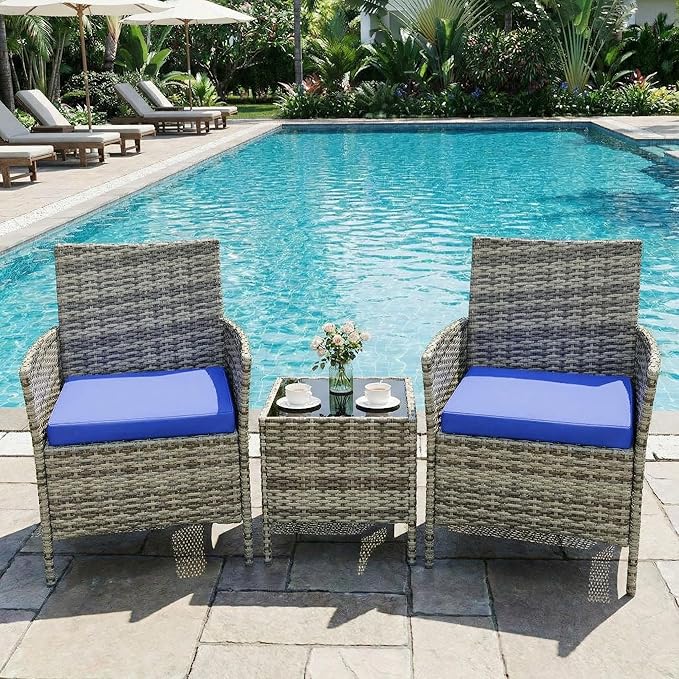 GarveeHome 3-Piece Patio Bistro Set, PE Rattan Outdoor Conversation Furniture with 2 Cushioned Chairs & Coffee Table, Weather-Resistant for Backyard, Balcony, Porch (Blue Cushion)