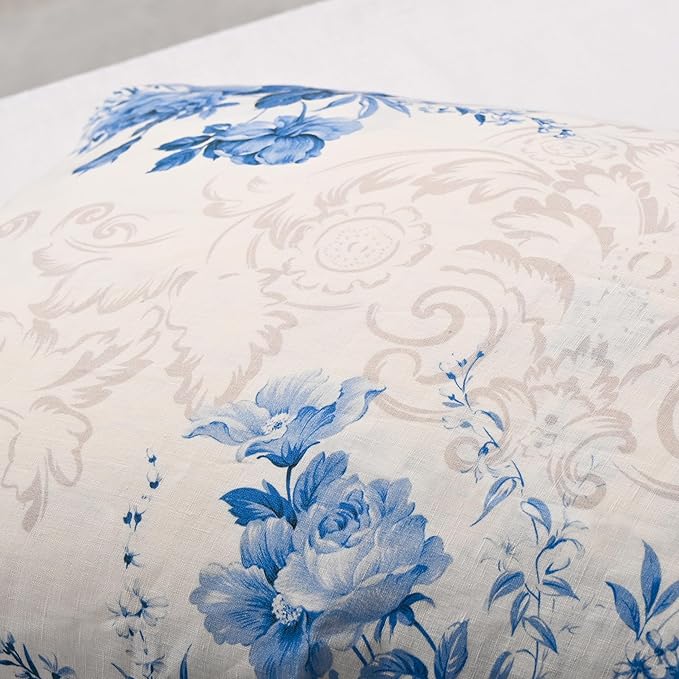 CHUFFED 100% French Linen Pillow Cases Porcelain Bloom Print, Farmhouse Floral Stone Washed Pillow Shams with Envelope Closure Soft Breathable Vintage Pillow Covers for Decor,20x36 inches