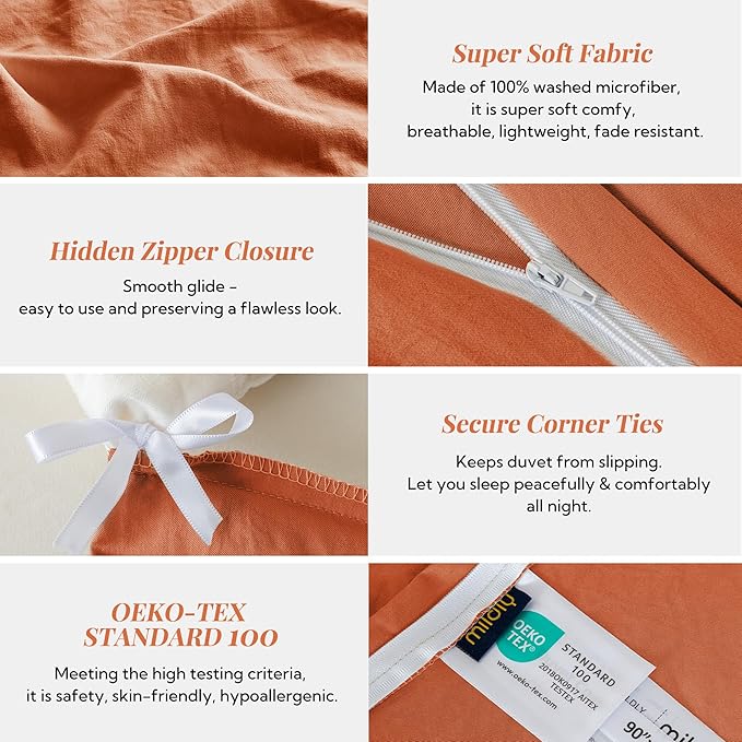 MILDLY Super Soft Duvet Cover - 100% Washed Microfiber Rust Comforter Cover Set 3 Pieces with Zipper Closure & Corner Ties (No Comforter)