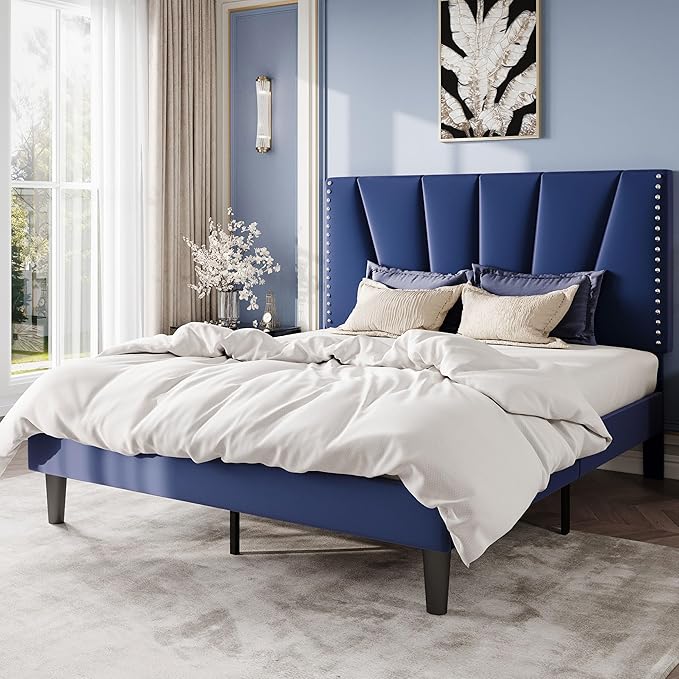 SHA CERLIN Queen Size Bed Frame with Adjustable Upholstered Velvet Rivets Headboard, Sturdy Wooden Slats, Strong Platform Support for Mattress, No Box Spring Needed, Easy Assembly, Blue