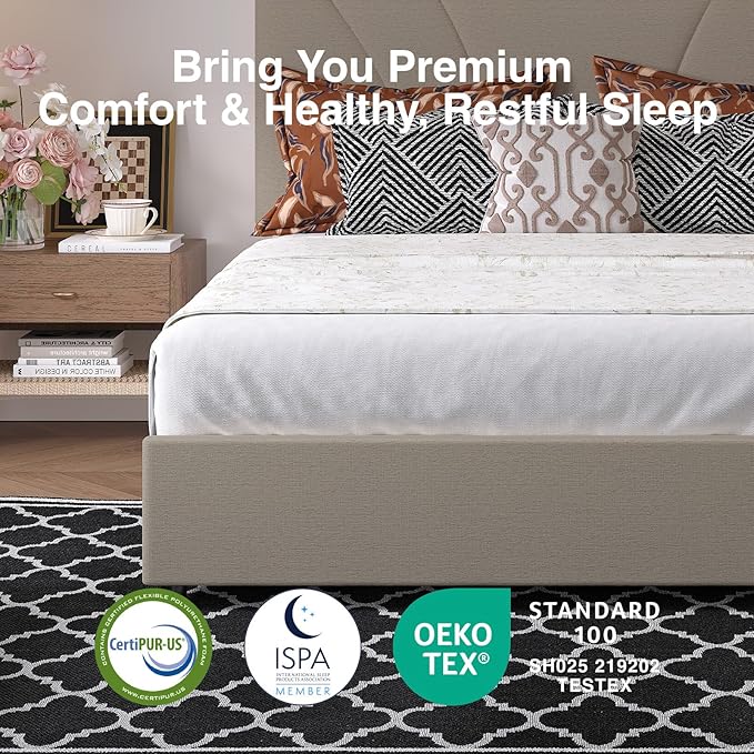 Novilla Queen Bed Frame with Drawers, Queen Bed Frame with Headboard, LED Bed Frame Queen Size, Charging Station and Adjustable Headboard Bed Frame Queen Size, No Box Spring Needed, Beige