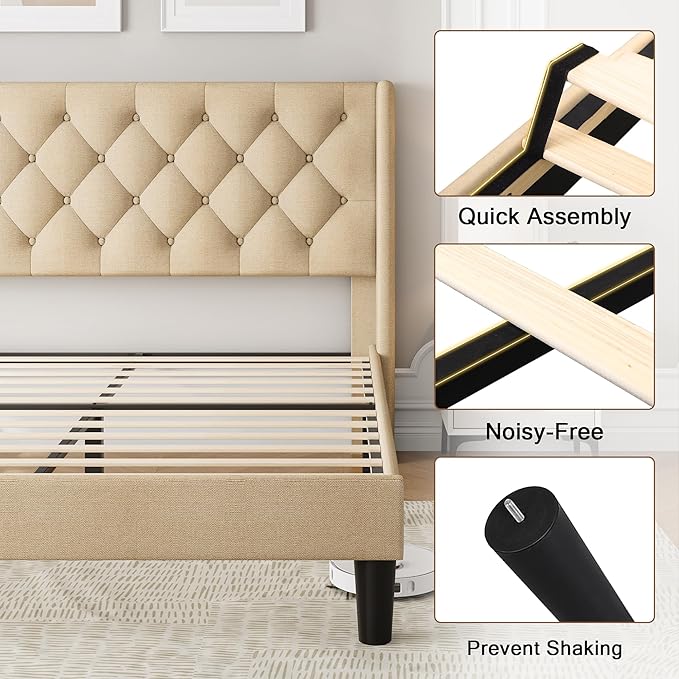 Einhomn Queen Size Platform Bed Frame with Fabric Upholstered Wingback Headboard, 11" Under Bed Space, Wooden & Metal Slats Support, No Box Spring Needed, Beige