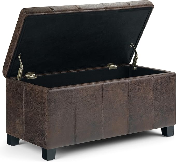 SIMPLIHOME Dover Storage Ottoman Bench - 36 inch Wide Upholstered Vegan Leather Rectangular Lift-Top Ottoman in Distressed Brown, Contemporary Bench for Living Room with Safety Hinges