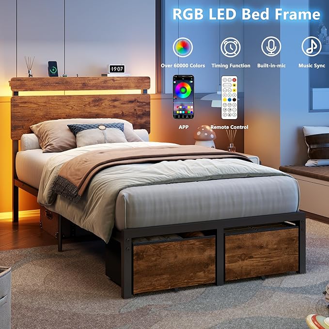 Forestell Twin Bed Frames with Wood Headboard, Metal Platform Bed with 2 Storage Drawers & Shelf, Built in Charging Station & LED Lights, No Box Spring Needed, Vintage Brown, Camas Twin Size