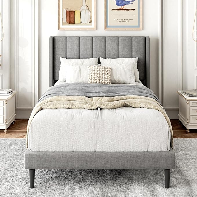 Gruwans Twin Bed Frames with Wingback Headboard, Upholstered Platform Beds, No Box Spring Needed Sturdy Wooden Slat Support, Easy Assemble, Light Gray