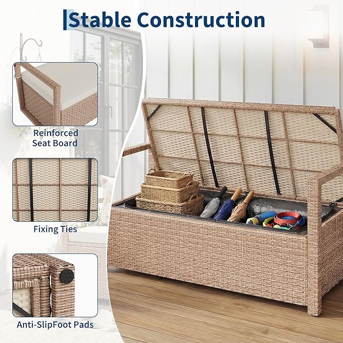 Outdoor Storage Bench with Cushion, Hand-Woven Yellow Wicker Deck Box with Backrest, Large Capacity Patio Storage Seat, Waterproof All-Weather Rattan Bench for Garden, Porch, Poolside