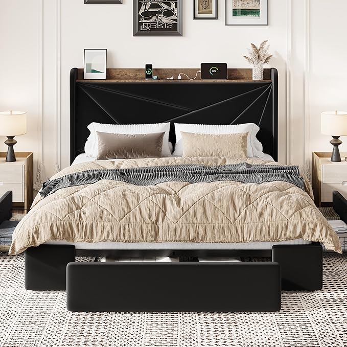 SHA CERLIN Queen Bed Frame with 3 Drawers, USB & Type-C Charging Ports, Velvet Upholstered Platform Bed with Modern Geometric Wingback Storage Headboard, No Box Spring Needed, Easy Assembly, Black