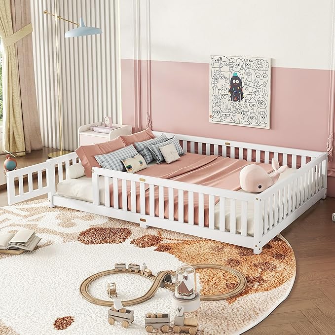 Bellemave Queen Floor Bed with Slats and Door, Queen Size Montessori Floor Bed with Fence and Door, Easy Assemble Montessori Beds Frame for Girls, Boys, White