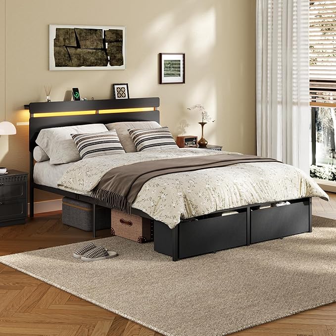 Forestell Full Size Bed Frame with Wood Headboard, Black Platform Bed with 2 Storage Drawers & Shelf, Built in Charging Station & LED Lights, Metal Support, No Box Spring Needed, Camas Full