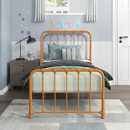 Lexicon Twin Metal Bed Frame, Platform Bed with Strong Metal Slat Support Under Bed Storage, Twin Bed Frame with Headboard, No Box Spring Needed, Easy Assembly, Twin, Orange