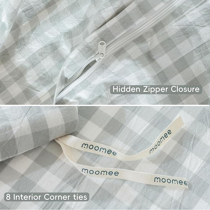 MooMee Gingham Duvet Cover Set 100% Washed Cotton Linen Like Textured Breathable Durable Soft Comfy Modern Checkered Design (Northern Droplet Grey Gingham, Super King 108"x98")