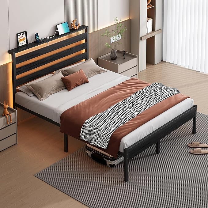 CLIBFENG 14 Inch Classic Metal Platform Bed Frame-Full Size Bed Frame with Headboard,Steel Slats Support-LED Bed Frame with USB Charging Station,Under Bed Storage,No Box Spring Needed,Noise Free
