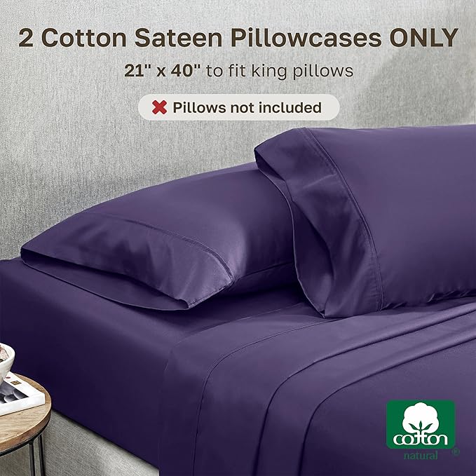 California Design Den King Size Pillowcase Set - 400 Thread Count, 100% Cotton Sateen, Set of 2 Pillow Covers, Soft and Breathable - Dark Purple