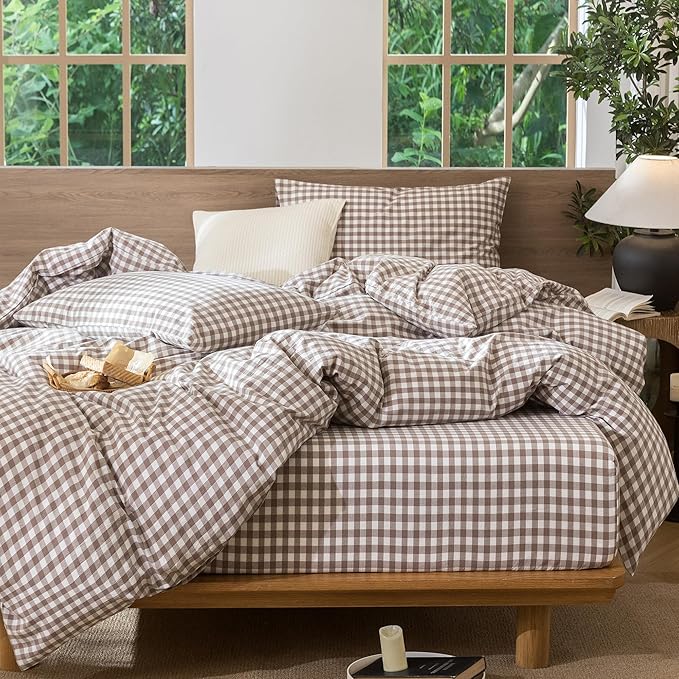 MooMee Gingham Duvet Cover Set 100% Washed Cotton Linen Like Textured Breathable Durable Soft Comfy Modern Checkered Design (Brown Gingham, Oversized Queen 98"x98")