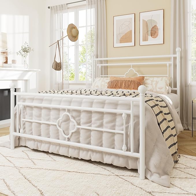 Allewie Queen Size Metal Platform Bed Frame with Victorian Vintage Headboard and Footboard/Mattress Foundation/Under Bed Storage/No Box Spring Needed/Noise-Free/Easy Assembly, White