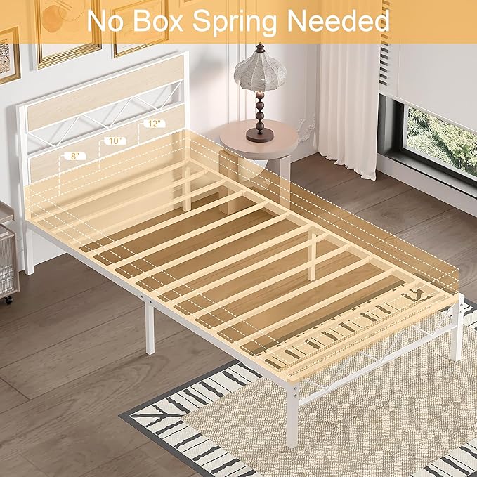 VECELO 2 Twin Bed Frame Set Metal Platform with Wooden Headboard, Heavy-Duty Metal Slats Support, No Box Spring Needed, Non-Slip, Noise Free, Easy Assembly, White & Natural