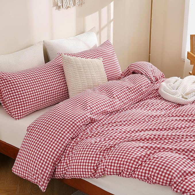 TOCOMOA Red Gingham Duvet Cover Bedding Set 100% Washed Cotton Like Linen Feel Super Soft Comfortable 3 Piece Cute Plaid Checkered Comforter Cover Set (King 104"x90", Comforter Not Included)