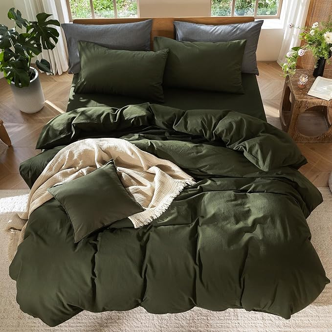 MooMee Bedding Duvet Cover Set 100% Washed Cotton Linen Like Textured Breathable Durable Soft Comfy (Solid Olive Green, Queen 90"x90")