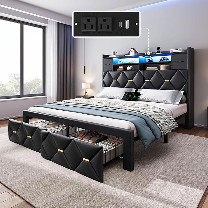 YITAHOME Full Size Bed Frame with 2 Storage Drawers and Storage Headboard, Upholstered Platform with Charging Station and LED Light, No Box Spring Needed, Noise Free, Easy Assembly, PU Leather Black