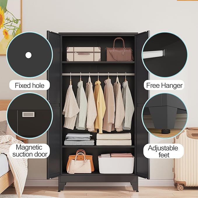 erosoei 71 "Metal Armoire Wardrobe Closet, Steel Clothing Storage Cabinet with Adjustable Shelves and Hanging Rod, Household Steel Wardrobe Storage Cabinet with Adjustable Standing feet（Black）
