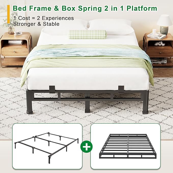 ROIL 7 Inch Full Size Bed Frame, Metal Bed Frame & Box Spring 2 in 1 Platform with Round Corner Legs, 4000LBS Double Layer Low Profile Metal Platform Mattress Baffles, Noise-Free Easy Assembly