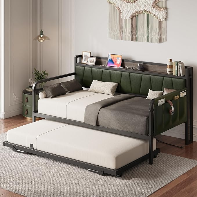 LIKIMIO Twin XL Daybed, Day Bed with Trundle, Storage Upholstered Headboard and Charging Station, Trundle Bed with Strong Supports for Living Room, Bedroom, and Guest Room, Green
