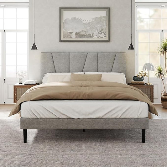 HAOARA Full Size Bed Frame with Fabric Upholstered Headboard, Platform Bed with Wooden Slats Support, Fully Mattress Foundation, Box Spring Optional, Easy Assembly, Light Grey
