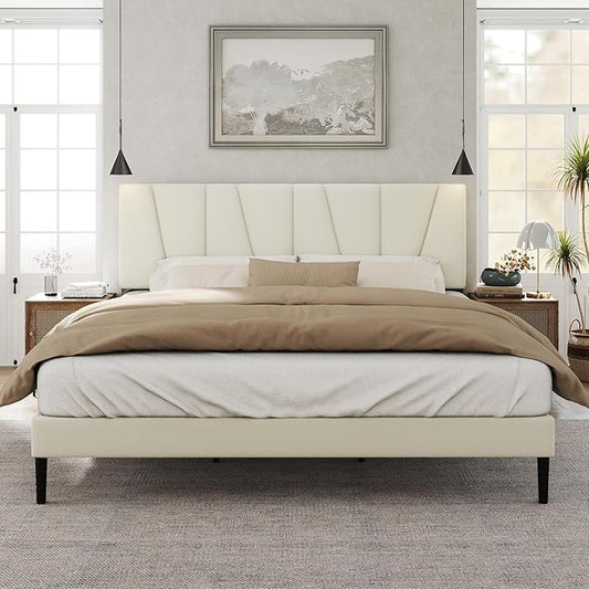 HAOARA King Size Bed Frame with Fabric Upholstered Headboard, Platform Bed with Wooden Slats Support, Fully Mattress Foundation, Box Spring Optional, Easy Assembly