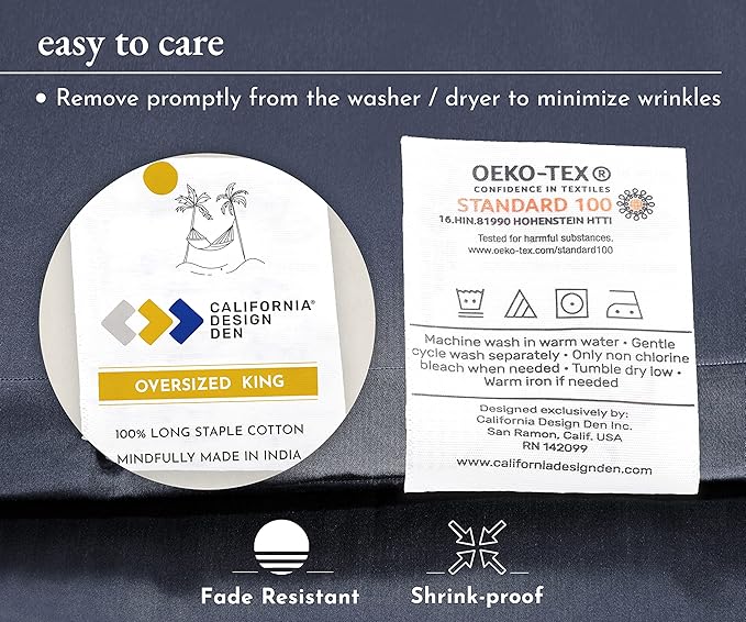 Oversized King Duvet Cover Cotton Only - 400 Thread Count, 100% Cotton Sateen, Soft and Durable Bedding Duvet Cover, Button Closures, Corner Ties - Indigo Dusty Blue