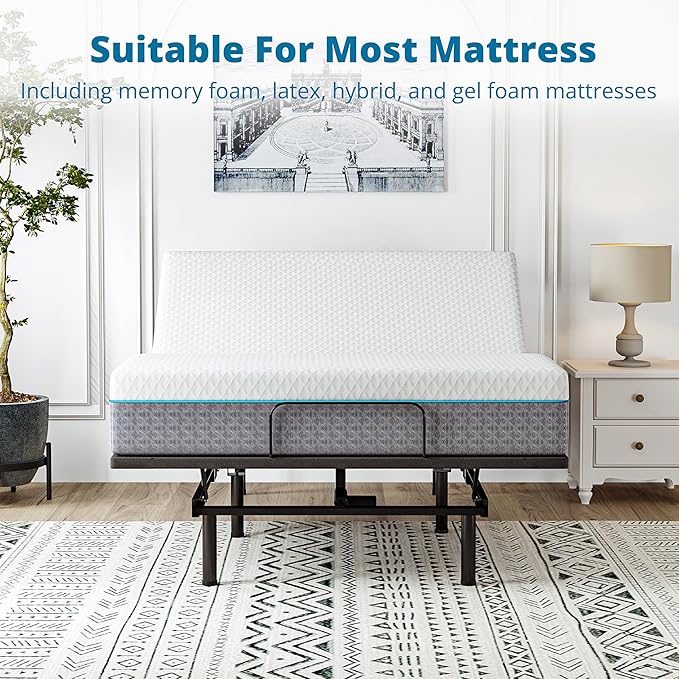 EGOHOME Adjustable Bed Frame Queen and 14 inch Charcoal Gel Memory Foam Mattress Set for Pain Relief, Metal Foldable Bed Base with Remote for Independent Head and Foot Incline, Zero Gravity Mode