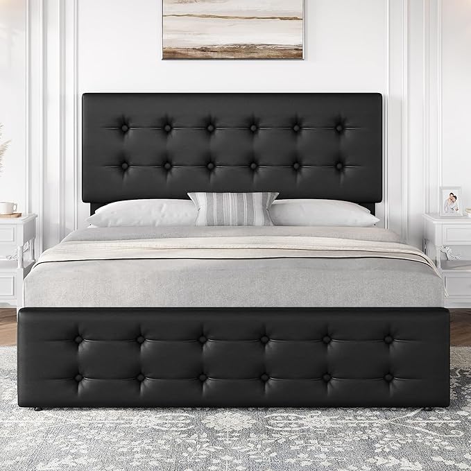 IDEALHOUSE Full Size Bed Frame with 4 Storage Drawers and Headboard, Faux Leather Upholstered Platform Bed Frame with Wooden Slats Support, Button Tufted Design, No Box Spring Needed, Black