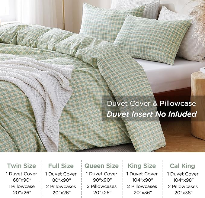 TOCOMOA Plaid Duvet Cover Set 100% Washed Cotton Like Linen Feel Super Soft Comfy 3 Piece Green and Yellow Gingham Checkered Bedding Comforter Cover Set (Queen 90"x90", Comforter Not Included)
