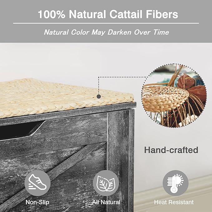VECELO 43.3" Storage Chest with Lift Top Storage, Farmhouse Style Ottoman with Handwoven Wicker Cushion, Safety Hinges, Ideal for Entryway, Bedroom, Living Room, Coal Gray
