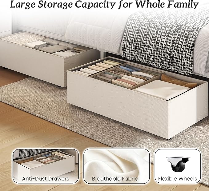 Fluest Queen Bed Frame with Headboard, Storage Drawers, Fast Charging Station, Led Lights, Bed Frame Queen Size with Fabric Drawers, Metal Structure, No Box Spring Needed, Easy Assembly, Beige