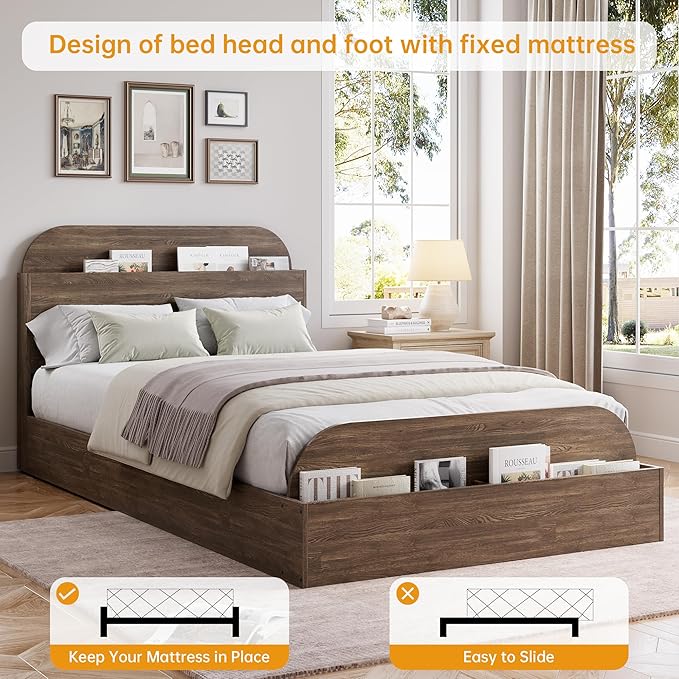 GarveeHome Twin XL Size Bed Frame, Wooden Beds with Storage Headboard and Raised-Foodboard, Twin XL-Floor Low Platform Bed for Bedroom, Sturdy Wooden Slats Support, No Box Spring Needed, Walnut