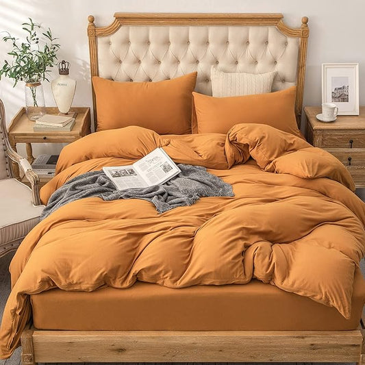 PURE ERA Jersey Knit Duvet Cover Set 100% T-Shirt Cotton Super Soft Comfy 3pc Bedding Set with Zipper Closure (Solid Burnt Orange, Full)