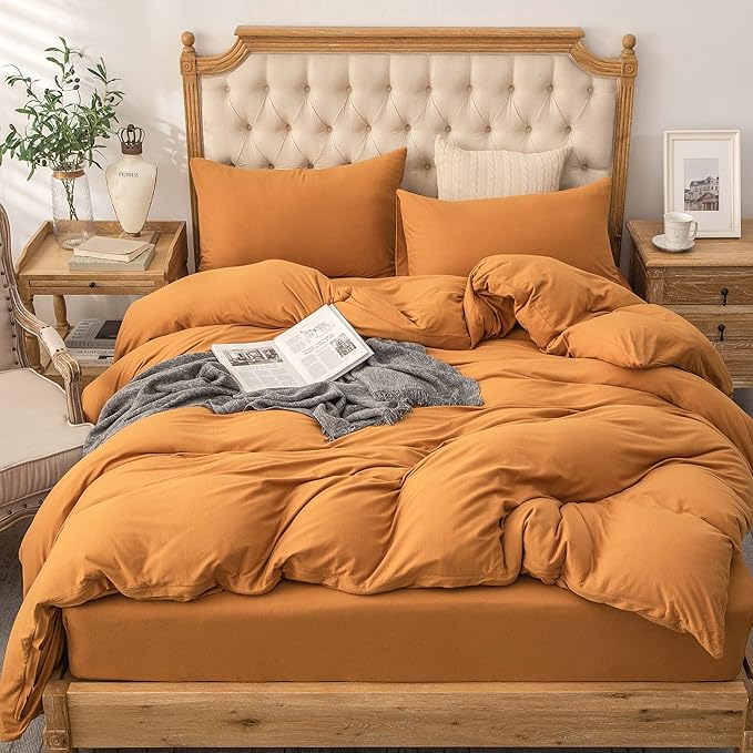 PURE ERA Jersey Knit Duvet Cover Set 100% T-Shirt Cotton Super Soft Comfy 2pc Bedding Set with Zipper Closure (Solid Burnt Orange, Twin)